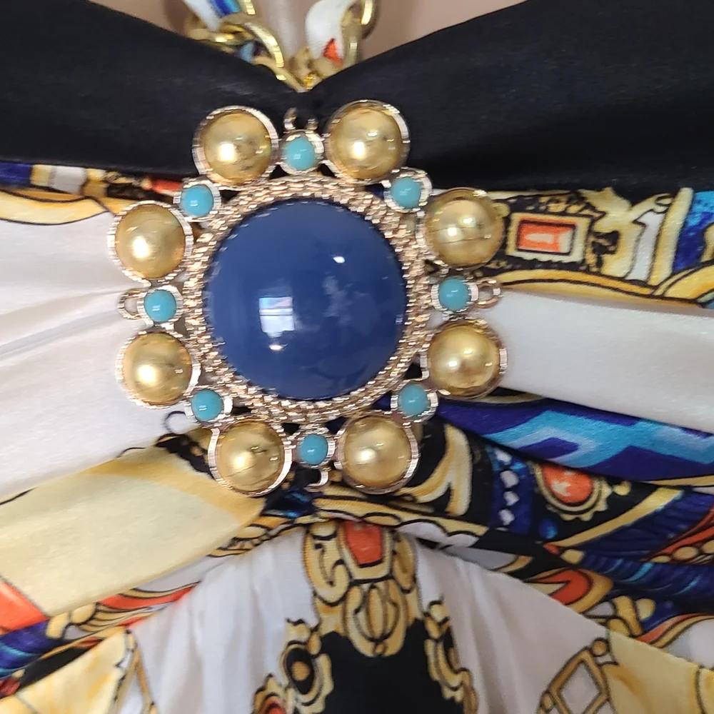 Cache Strapless Baroque-Print Satin Tank Top in Black, Gold, Blue, and White - Picture 7 of 11